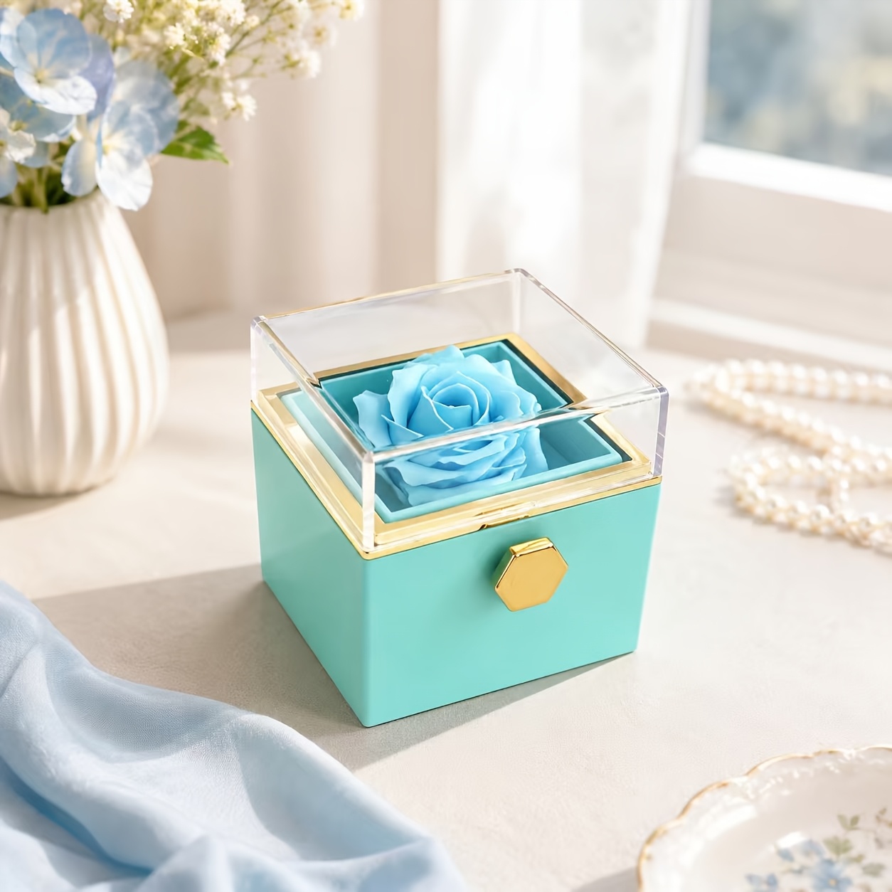 Blue Rose Rotating Gift Box with Clear Display Cover